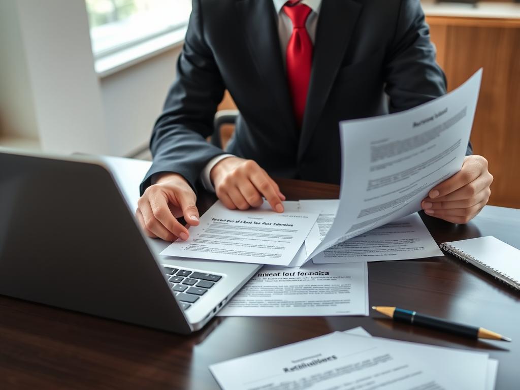 Business professional reviewing French legal documents for starting a business in France Business professional reviewing French legal documents for starting a business in France