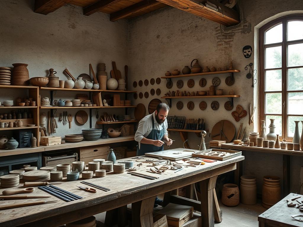 Artisan workshop in France with craftsperson creating handmade products, representing craft business ideas for foreigners Artisan workshop in France with craftsperson creating handmade products, representing craft business ideas for foreigners