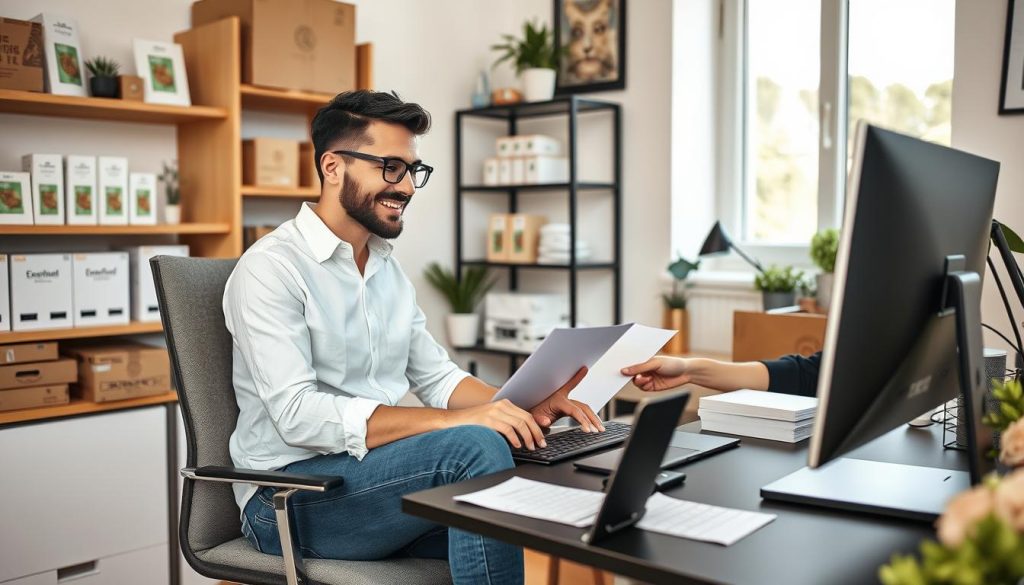 E-commerce entrepreneur managing online store from home office in France, representing online business ideas for foreigners E-commerce entrepreneur managing online store from home office in France, representing online business ideas for foreigners