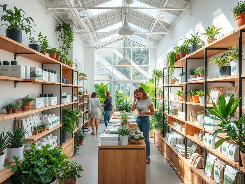 Eco-friendly product shop in France with sustainable items on display, representing green business ideas for foreigners Eco-friendly product shop in France with sustainable items on display, representing green business ideas for foreigners