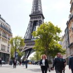 Eiffel Tower with modern business district of Paris in the background, representing small business opportunities in France for foreigners