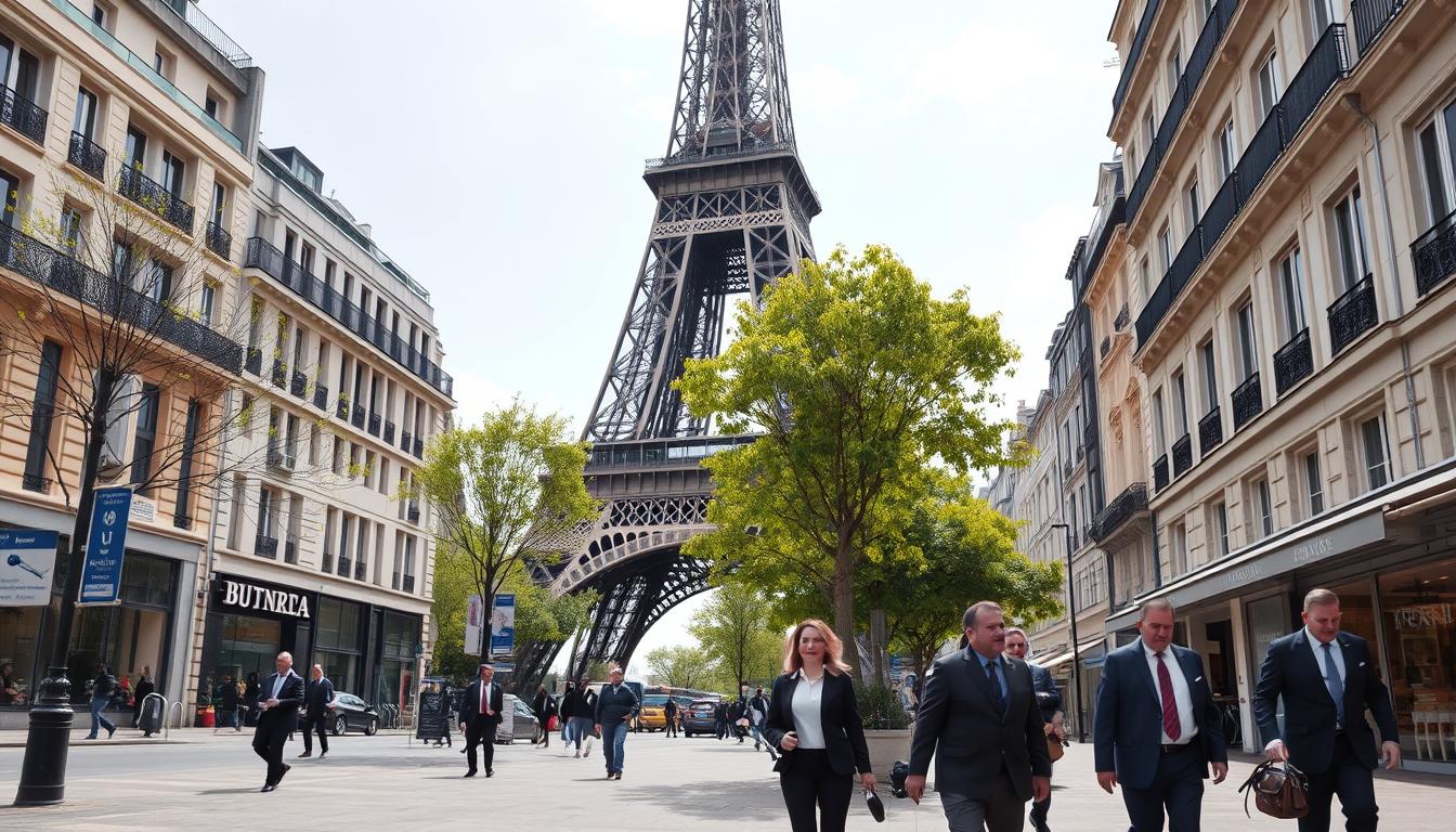 Eiffel Tower with modern business district of Paris in the background, representing small business opportunities in France for foreigners