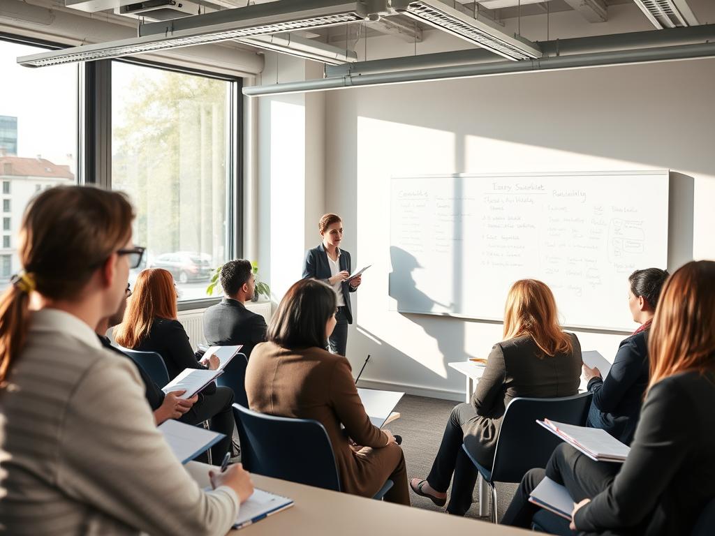 English language class being taught to French professionals, representing language service small business ideas in France for foreigners English language class being taught to French professionals, representing language service small business ideas in France for foreigners