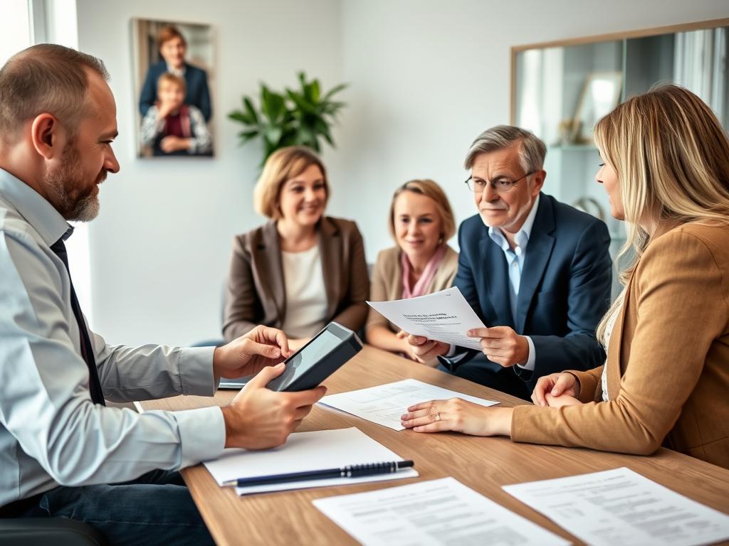 Insurance consultant meeting with English-speaking clients in France, representing successful expat service businesses Insurance consultant meeting with English-speaking clients in France, representing successful expat service businesses