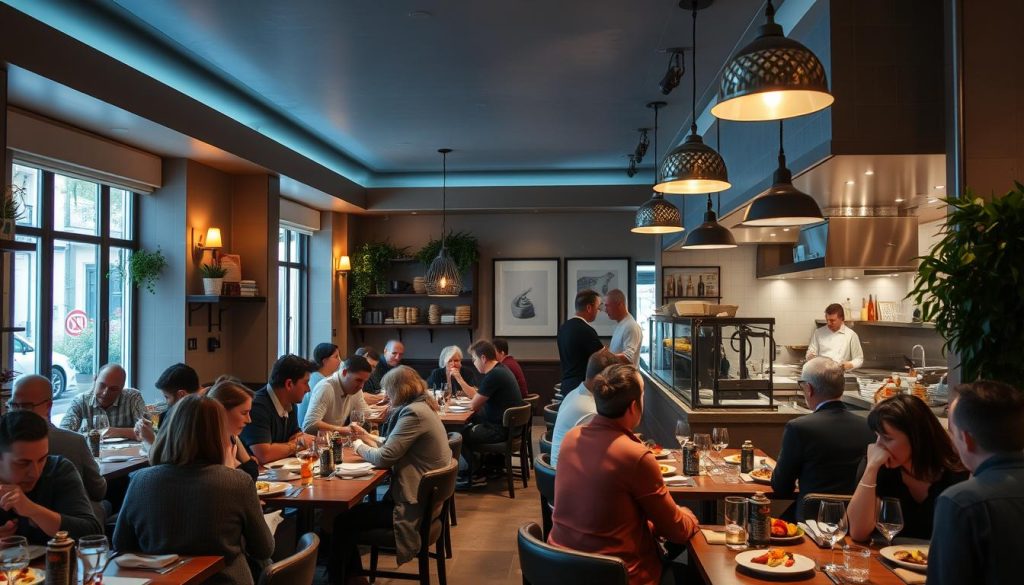 International cuisine restaurant in Paris with customers dining, representing food business ideas in France for foreigners International cuisine restaurant in Paris with customers dining, representing food business ideas in France for foreigners