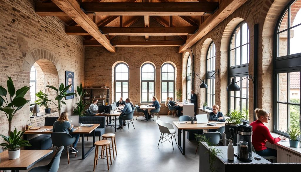 Modern co-working space in a French village with remote workers, representing workspace business ideas for foreigners Modern co-working space in a French village with remote workers, representing workspace business ideas for foreigners