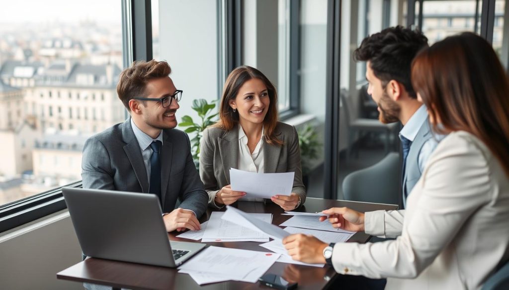 Relocation consultant helping new expats with paperwork in Paris office, representing expat service business ideas in France Relocation consultant helping new expats with paperwork in Paris office, representing expat service business ideas in France