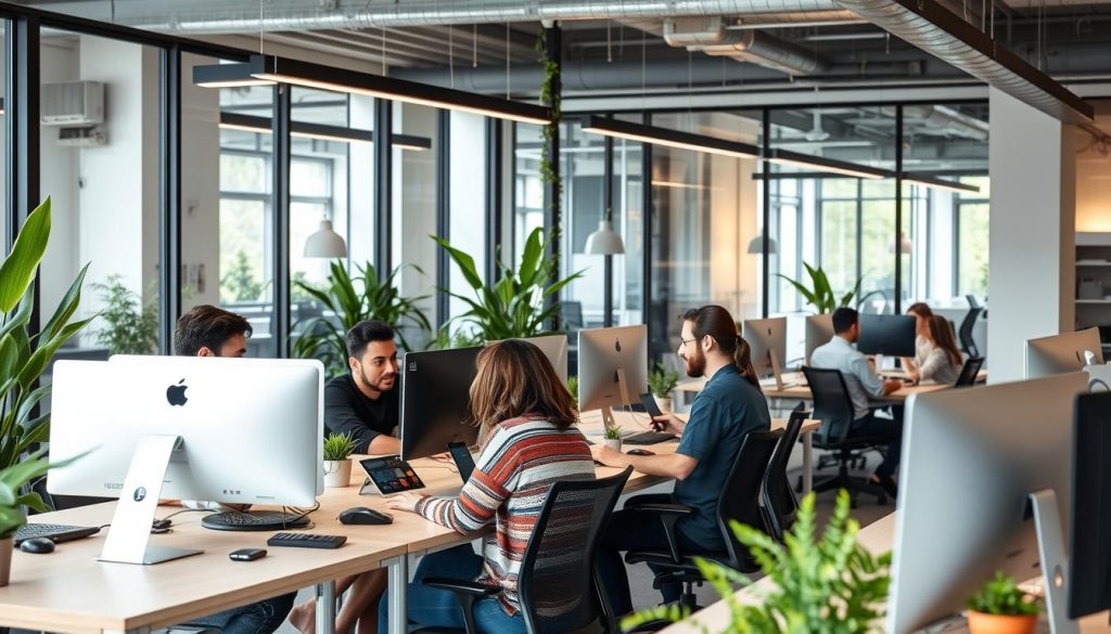 Tech professionals working in a French startup office, representing digital service small business ideas in France for foreigners Tech professionals working in a French startup office, representing digital service small business ideas in France for foreigners