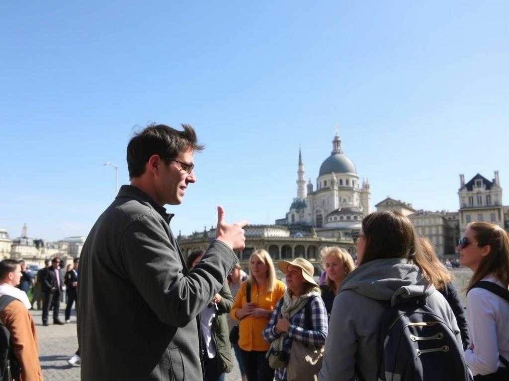 Tour guide explaining French culture to tourists in Paris, representing tourism small business ideas in France for foreigners Tour guide explaining French culture to tourists in Paris, representing tourism small business ideas in France for foreigners