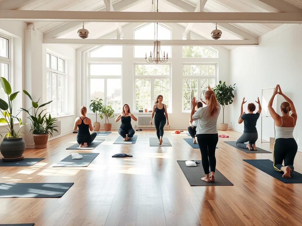 Yoga studio in France with instructor teaching class, representing wellness business ideas for foreigners Yoga studio in France with instructor teaching class, representing wellness business ideas for foreigners